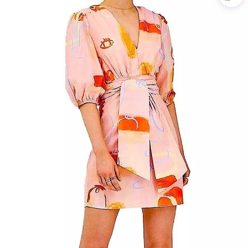 Finders Keepers Pink Wrap Sundress with Puff Sleeves